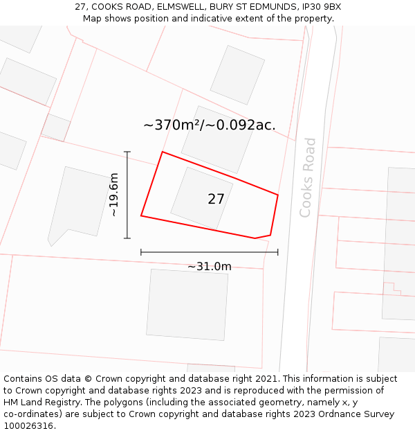 27, COOKS ROAD, ELMSWELL, BURY ST EDMUNDS, IP30 9BX: Plot and title map
