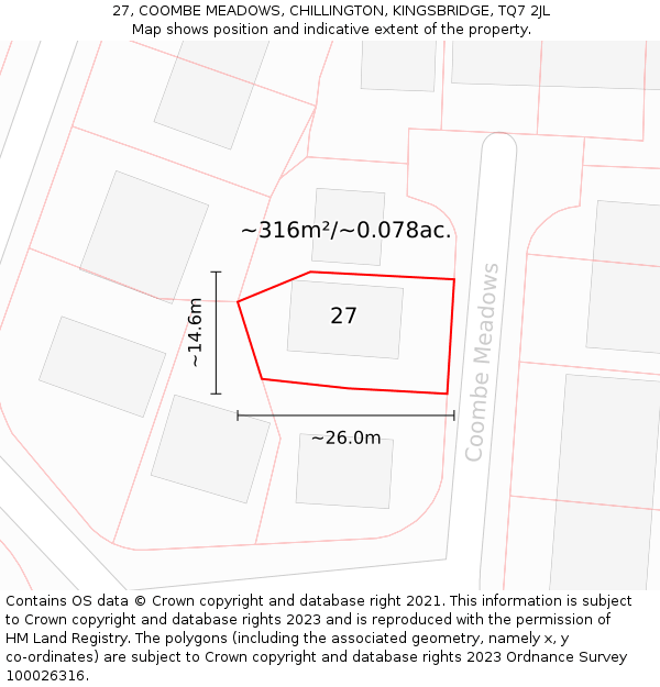 27, COOMBE MEADOWS, CHILLINGTON, KINGSBRIDGE, TQ7 2JL: Plot and title map
