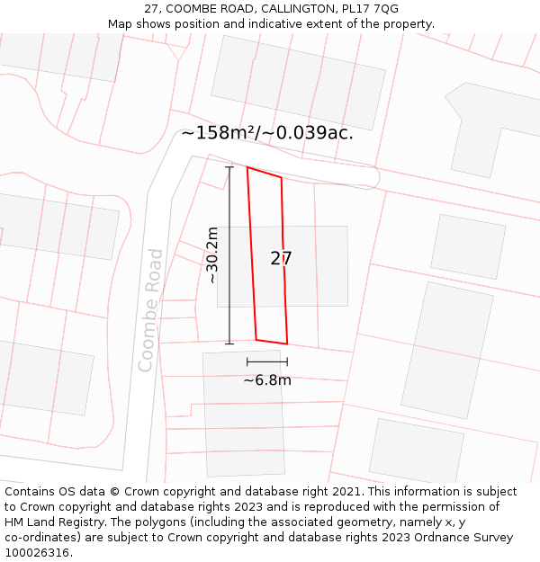 27, COOMBE ROAD, CALLINGTON, PL17 7QG: Plot and title map