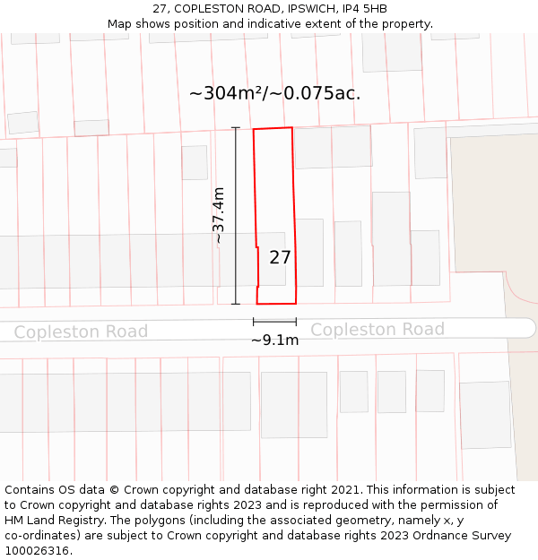 27, COPLESTON ROAD, IPSWICH, IP4 5HB: Plot and title map
