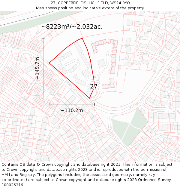 27, COPPERFIELDS, LICHFIELD, WS14 9YQ: Plot and title map