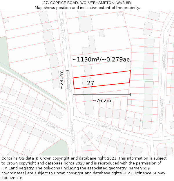 27, COPPICE ROAD, WOLVERHAMPTON, WV3 8BJ: Plot and title map