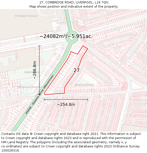 27, CORBRIDGE ROAD, LIVERPOOL, L16 7QN: Plot and title map