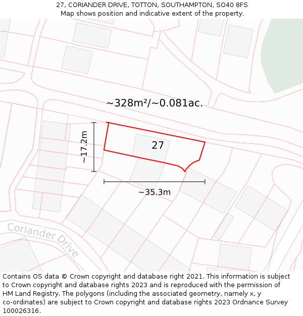 27, CORIANDER DRIVE, TOTTON, SOUTHAMPTON, SO40 8FS: Plot and title map