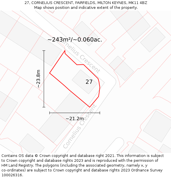 27, CORNELIUS CRESCENT, FAIRFIELDS, MILTON KEYNES, MK11 4BZ: Plot and title map