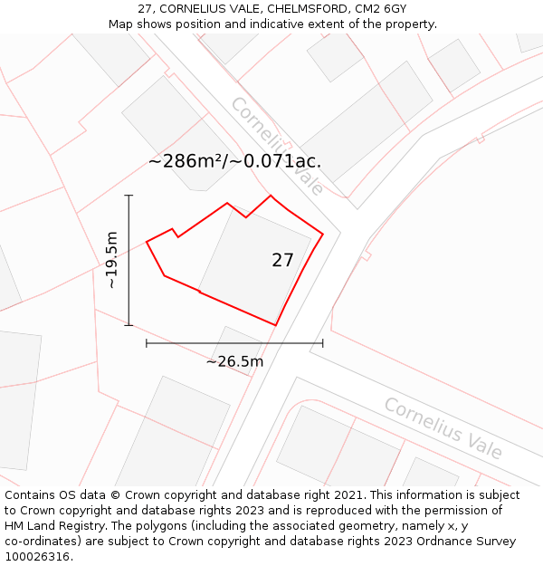 27, CORNELIUS VALE, CHELMSFORD, CM2 6GY: Plot and title map