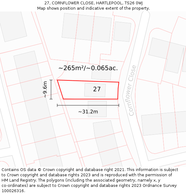 27, CORNFLOWER CLOSE, HARTLEPOOL, TS26 0WJ: Plot and title map