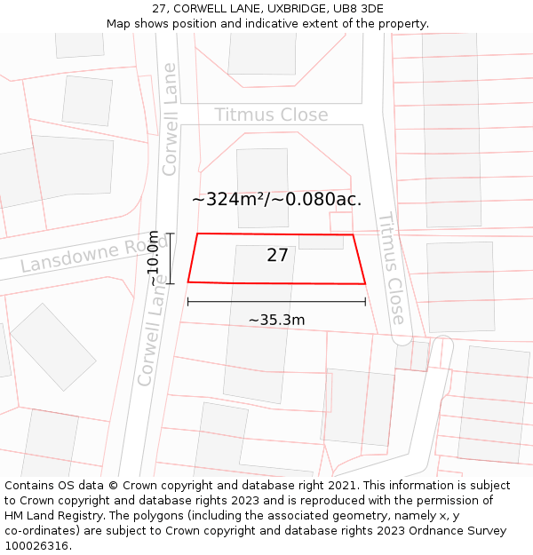 27, CORWELL LANE, UXBRIDGE, UB8 3DE: Plot and title map