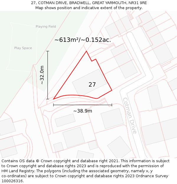 27, COTMAN DRIVE, BRADWELL, GREAT YARMOUTH, NR31 9RE: Plot and title map