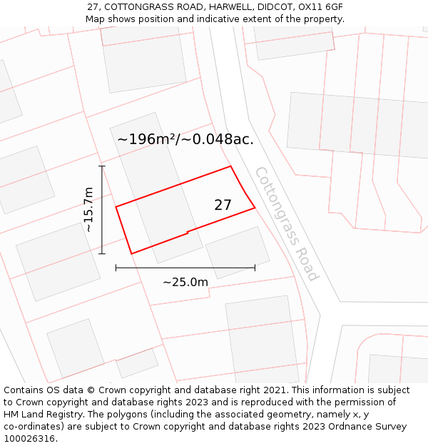 27, COTTONGRASS ROAD, HARWELL, DIDCOT, OX11 6GF: Plot and title map