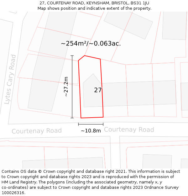 27, COURTENAY ROAD, KEYNSHAM, BRISTOL, BS31 1JU: Plot and title map