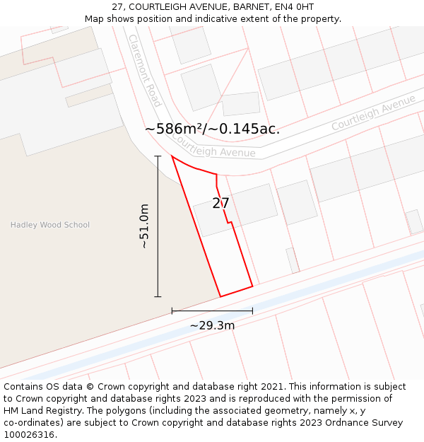 27, COURTLEIGH AVENUE, BARNET, EN4 0HT: Plot and title map