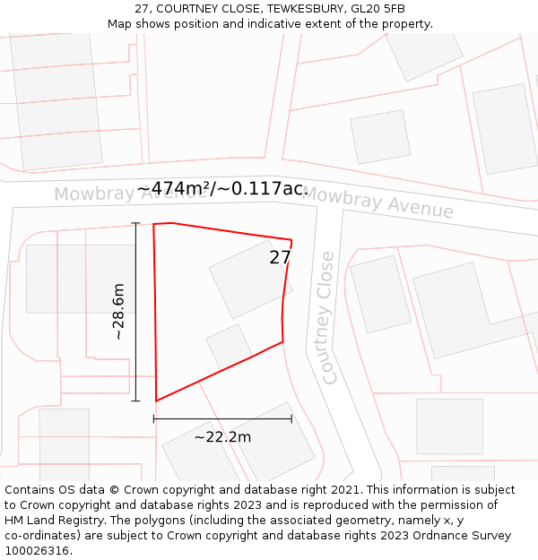 27, COURTNEY CLOSE, TEWKESBURY, GL20 5FB: Plot and title map