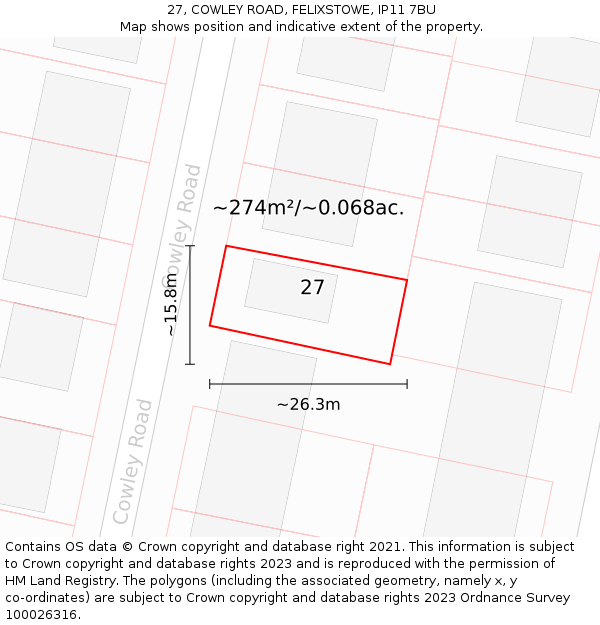 27, COWLEY ROAD, FELIXSTOWE, IP11 7BU: Plot and title map