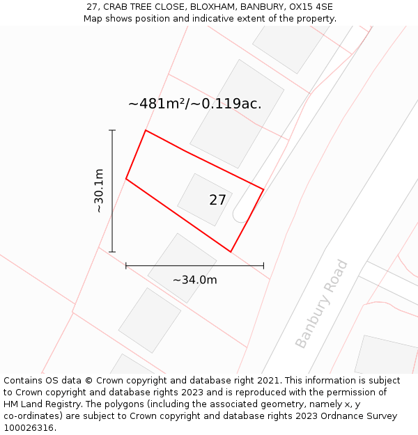 27, CRAB TREE CLOSE, BLOXHAM, BANBURY, OX15 4SE: Plot and title map
