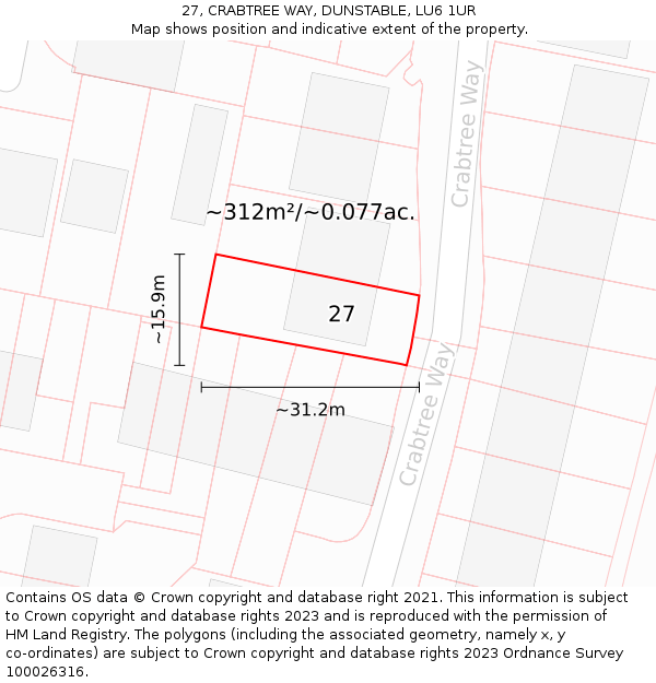 27, CRABTREE WAY, DUNSTABLE, LU6 1UR: Plot and title map