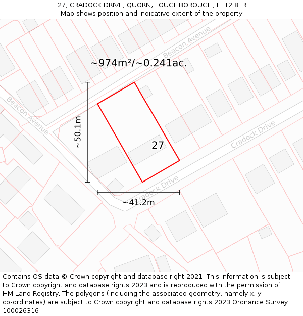 27, CRADOCK DRIVE, QUORN, LOUGHBOROUGH, LE12 8ER: Plot and title map