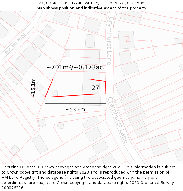 27, CRAMHURST LANE, WITLEY, GODALMING, GU8 5RA: Plot and title map