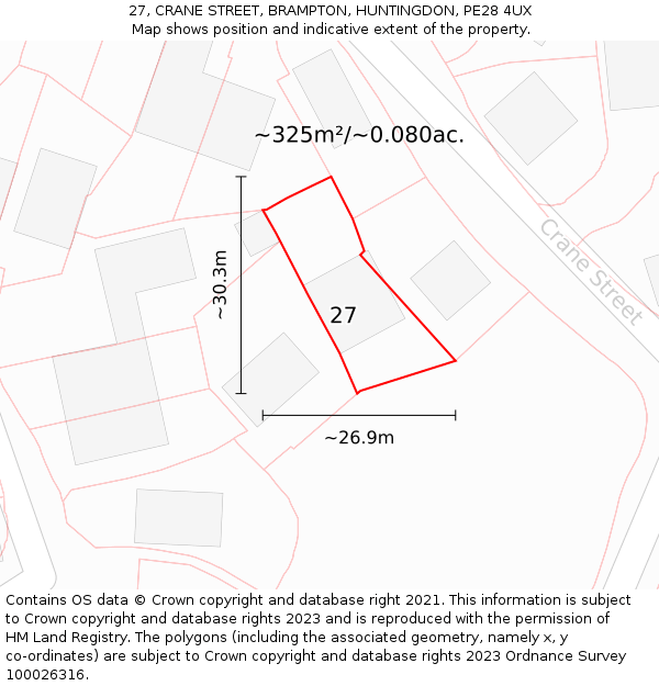 27, CRANE STREET, BRAMPTON, HUNTINGDON, PE28 4UX: Plot and title map