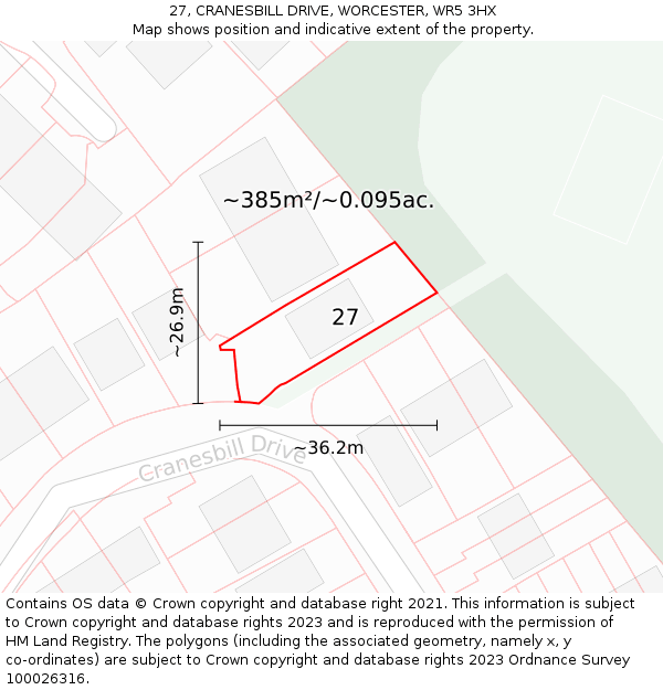 27, CRANESBILL DRIVE, WORCESTER, WR5 3HX: Plot and title map