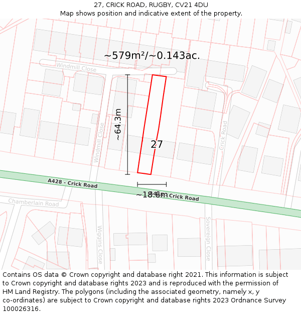 27, CRICK ROAD, RUGBY, CV21 4DU: Plot and title map