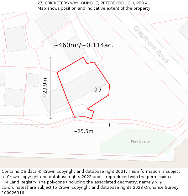 27, CRICKETERS WAY, OUNDLE, PETERBOROUGH, PE8 4JU: Plot and title map