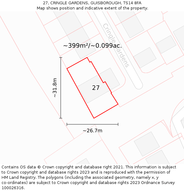 27, CRINGLE GARDENS, GUISBOROUGH, TS14 8FA: Plot and title map