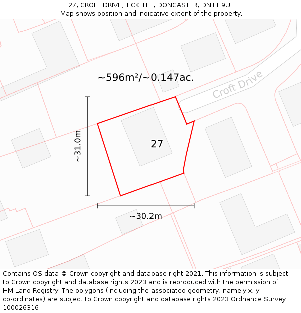 27, CROFT DRIVE, TICKHILL, DONCASTER, DN11 9UL: Plot and title map