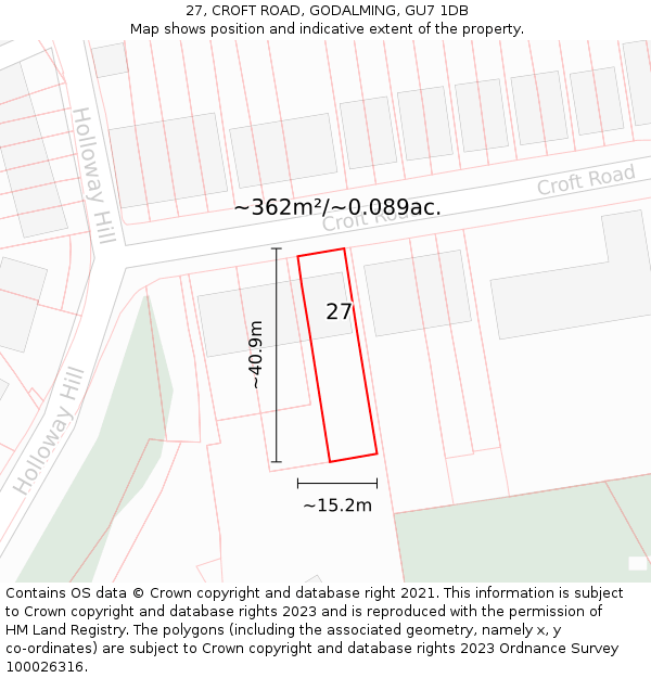 27, CROFT ROAD, GODALMING, GU7 1DB: Plot and title map