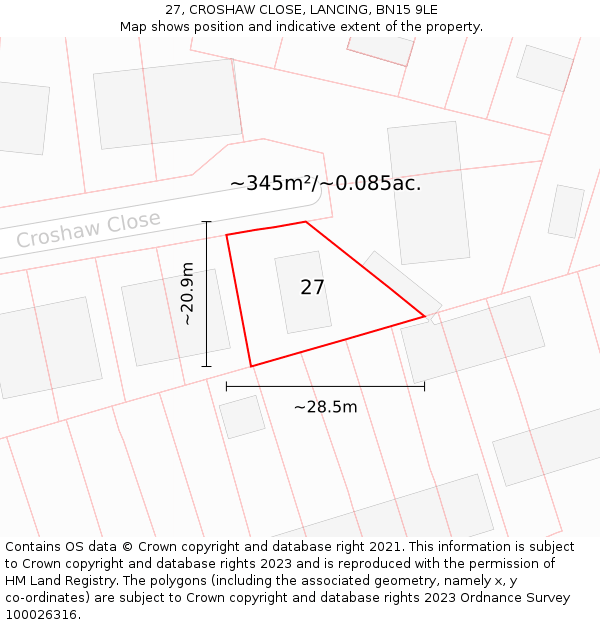 27, CROSHAW CLOSE, LANCING, BN15 9LE: Plot and title map