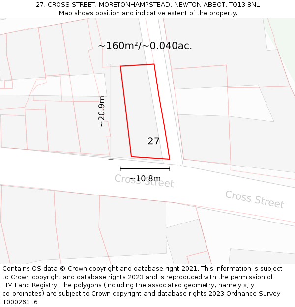 27, CROSS STREET, MORETONHAMPSTEAD, NEWTON ABBOT, TQ13 8NL: Plot and title map