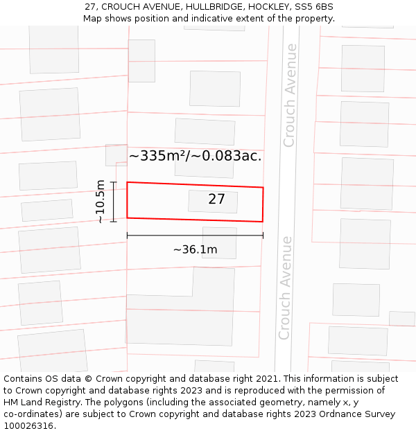 27, CROUCH AVENUE, HULLBRIDGE, HOCKLEY, SS5 6BS: Plot and title map