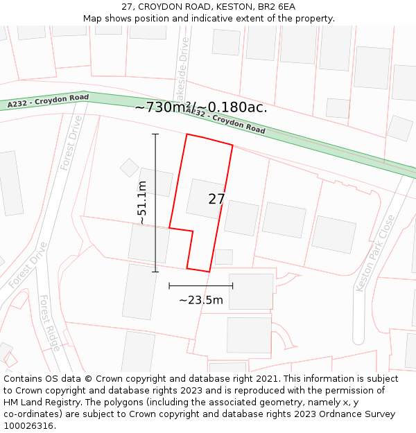 27, CROYDON ROAD, KESTON, BR2 6EA: Plot and title map