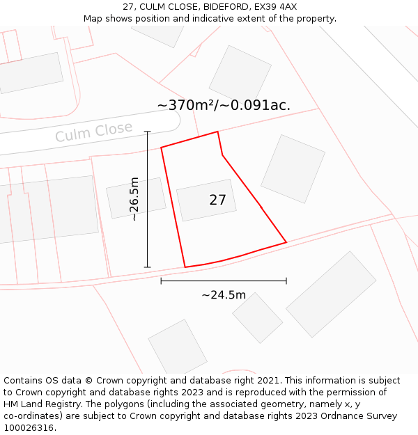 27, CULM CLOSE, BIDEFORD, EX39 4AX: Plot and title map