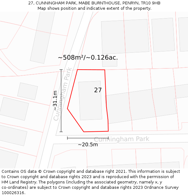 27, CUNNINGHAM PARK, MABE BURNTHOUSE, PENRYN, TR10 9HB: Plot and title map