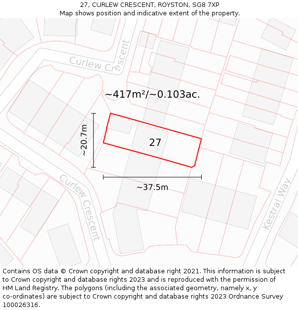 27, CURLEW CRESCENT, ROYSTON, SG8 7XP: Plot and title map