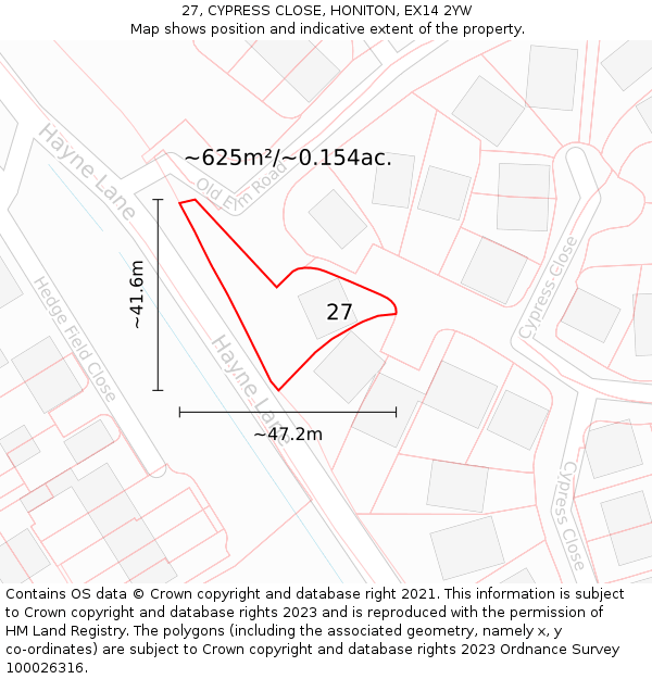 27, CYPRESS CLOSE, HONITON, EX14 2YW: Plot and title map