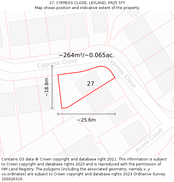 27, CYPRESS CLOSE, LEYLAND, PR25 5TY: Plot and title map