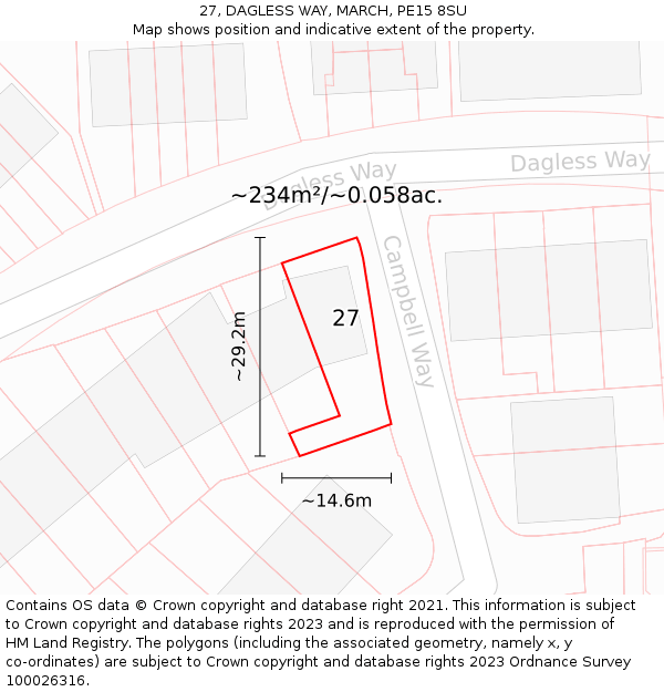 27, DAGLESS WAY, MARCH, PE15 8SU: Plot and title map