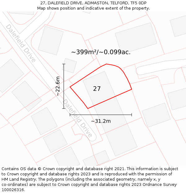 27, DALEFIELD DRIVE, ADMASTON, TELFORD, TF5 0DP: Plot and title map