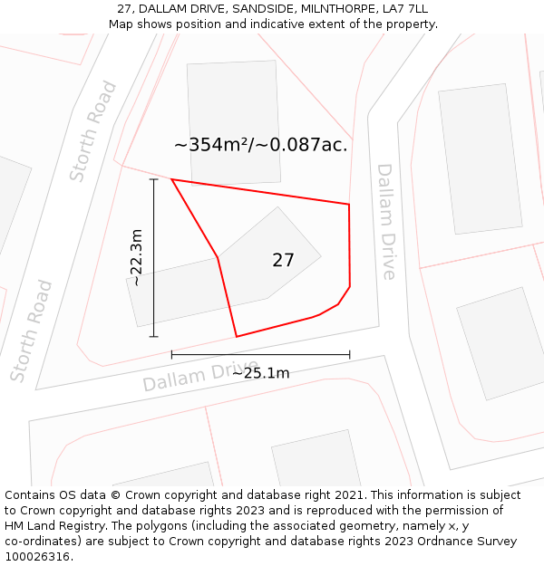 27, DALLAM DRIVE, SANDSIDE, MILNTHORPE, LA7 7LL: Plot and title map