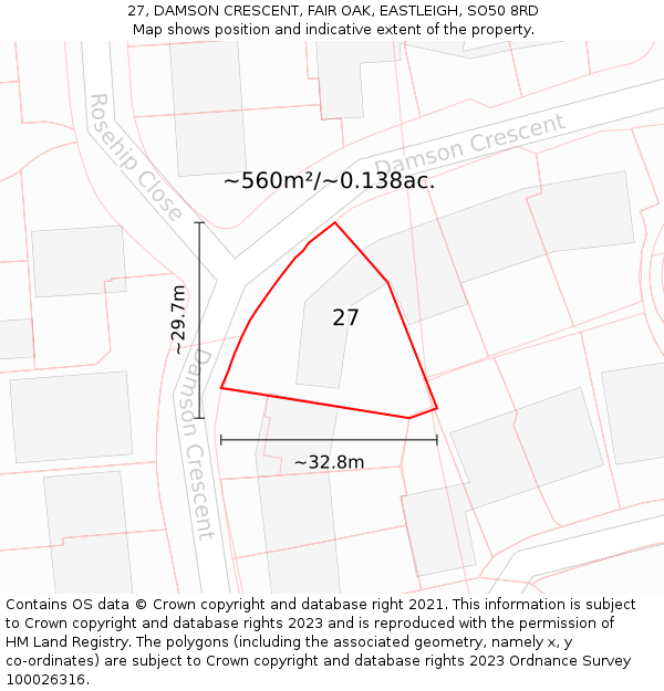 27, DAMSON CRESCENT, FAIR OAK, EASTLEIGH, SO50 8RD: Plot and title map