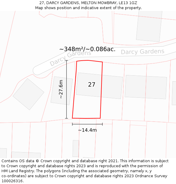 27, DARCY GARDENS, MELTON MOWBRAY, LE13 1GZ: Plot and title map