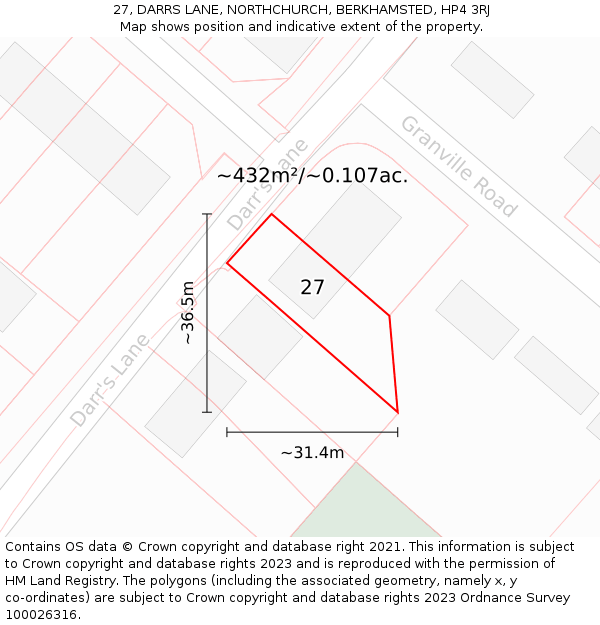 27, DARRS LANE, NORTHCHURCH, BERKHAMSTED, HP4 3RJ: Plot and title map