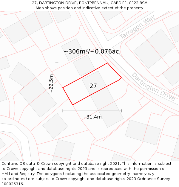 27, DARTINGTON DRIVE, PONTPRENNAU, CARDIFF, CF23 8SA: Plot and title map