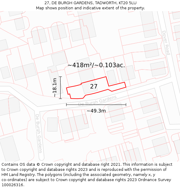 27, DE BURGH GARDENS, TADWORTH, KT20 5LU: Plot and title map