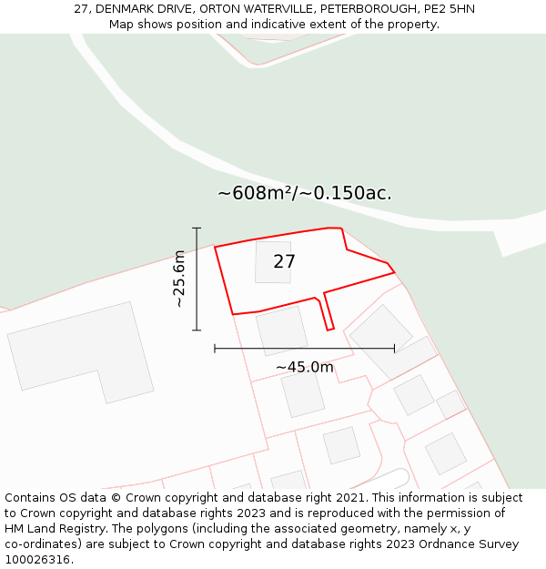 27, DENMARK DRIVE, ORTON WATERVILLE, PETERBOROUGH, PE2 5HN: Plot and title map