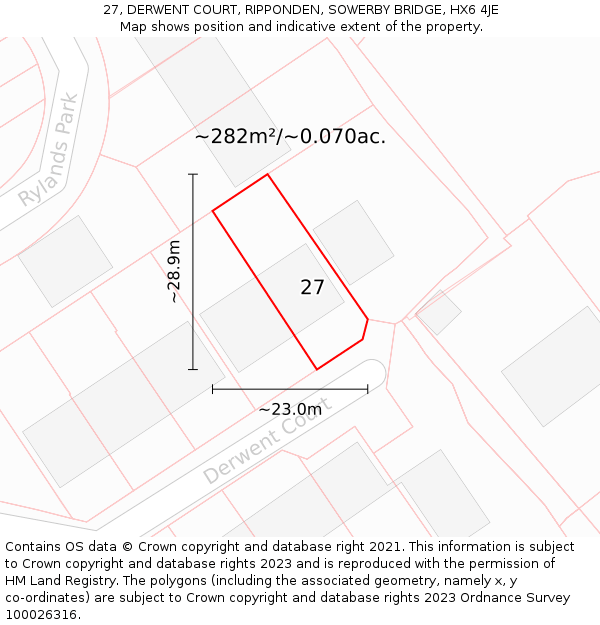 27, DERWENT COURT, RIPPONDEN, SOWERBY BRIDGE, HX6 4JE: Plot and title map