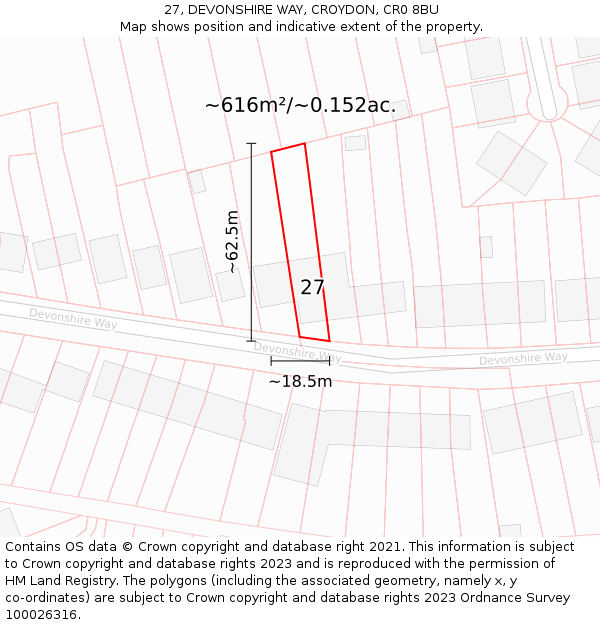 27, DEVONSHIRE WAY, CROYDON, CR0 8BU: Plot and title map