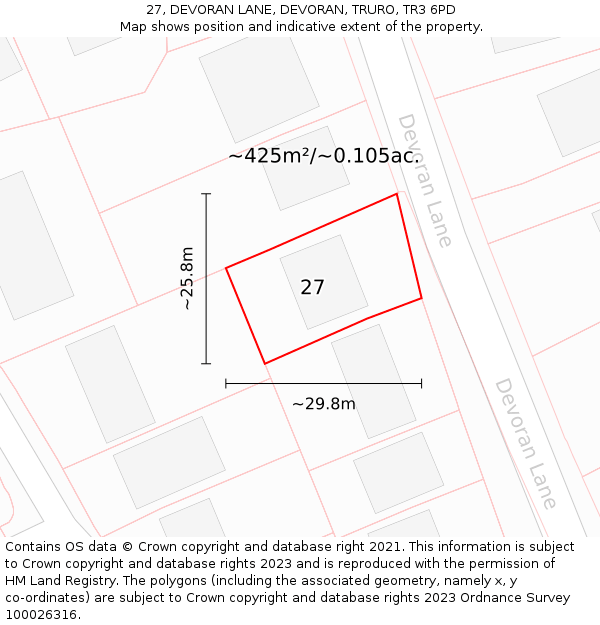 27, DEVORAN LANE, DEVORAN, TRURO, TR3 6PD: Plot and title map